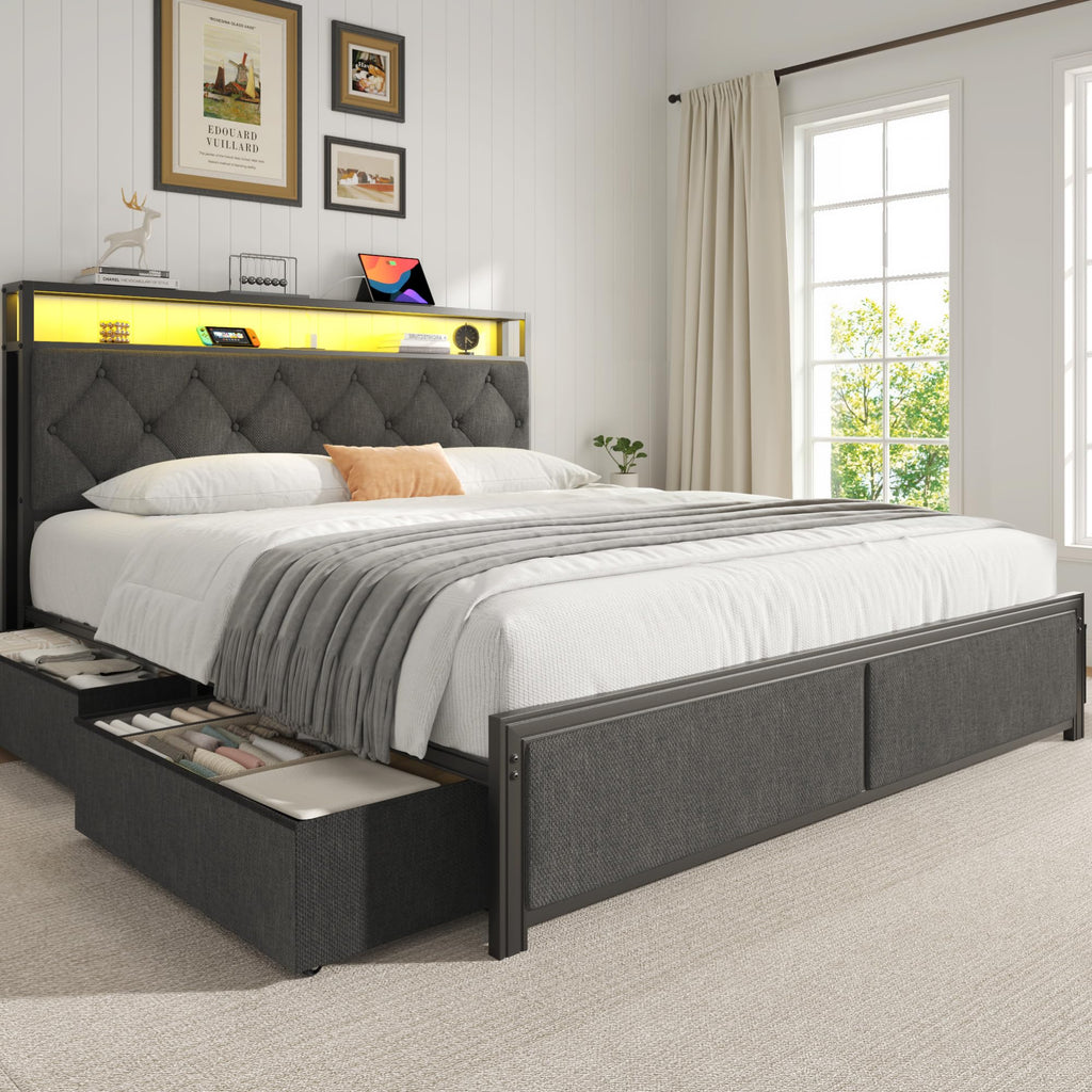 Queen Size Upholstered Bed Frame with 4 Drawers and Storage Headboard Q744101