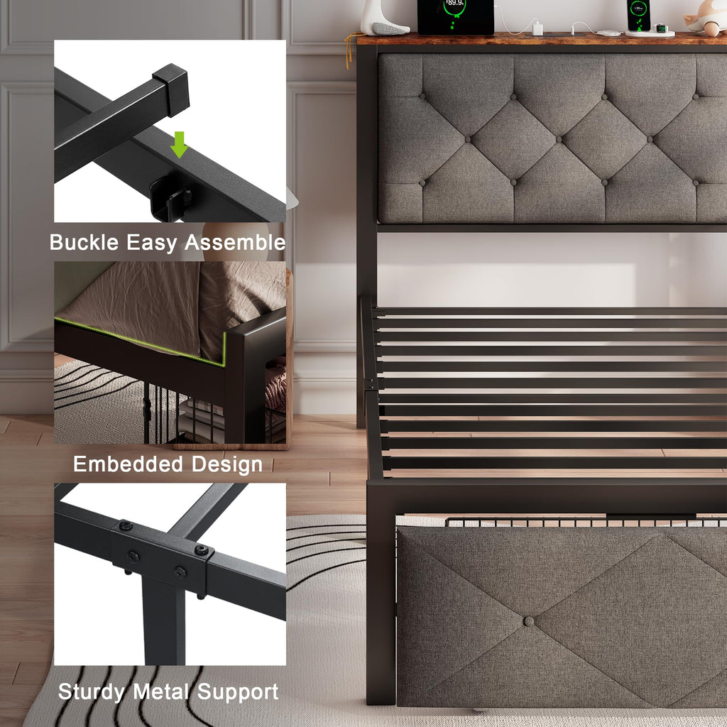 Twin Metal Platform Bed Frame with Storage Drawers and Headboard F579