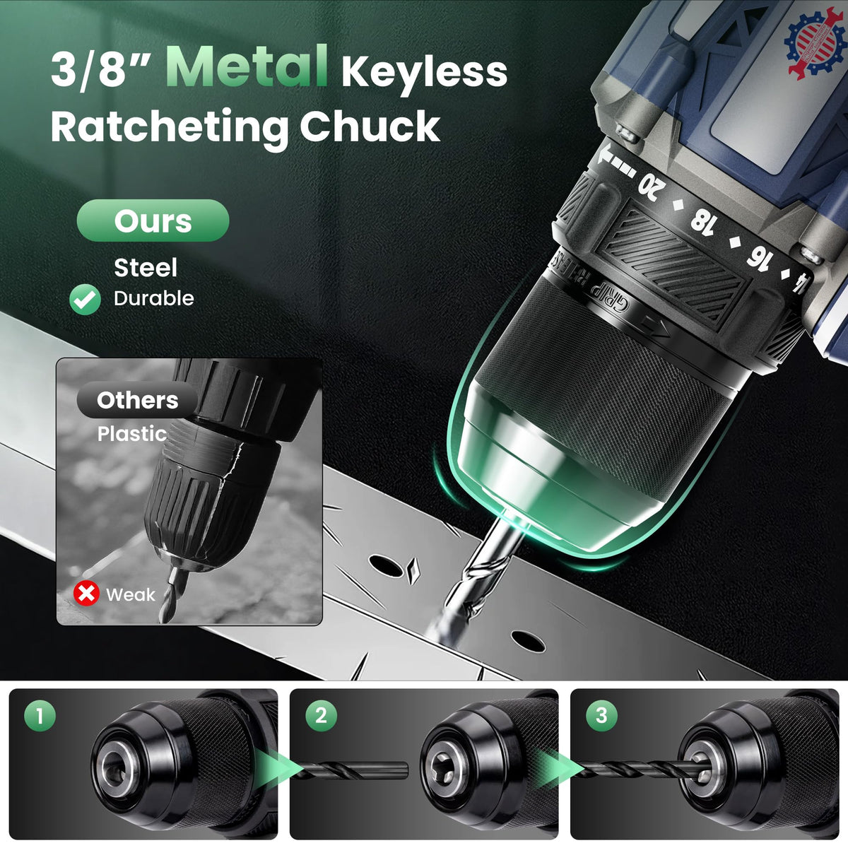 Brushless Cordless Drill Set 70N.m 3/8" Keyless Metal Chuck V5033