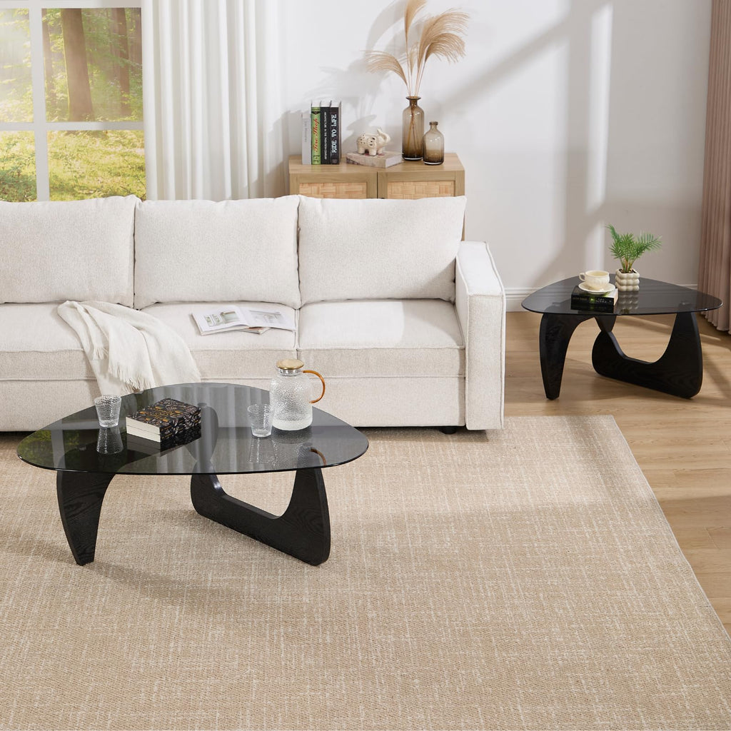 Modern Triangle Glass Coffee Table with Wood Base L312718