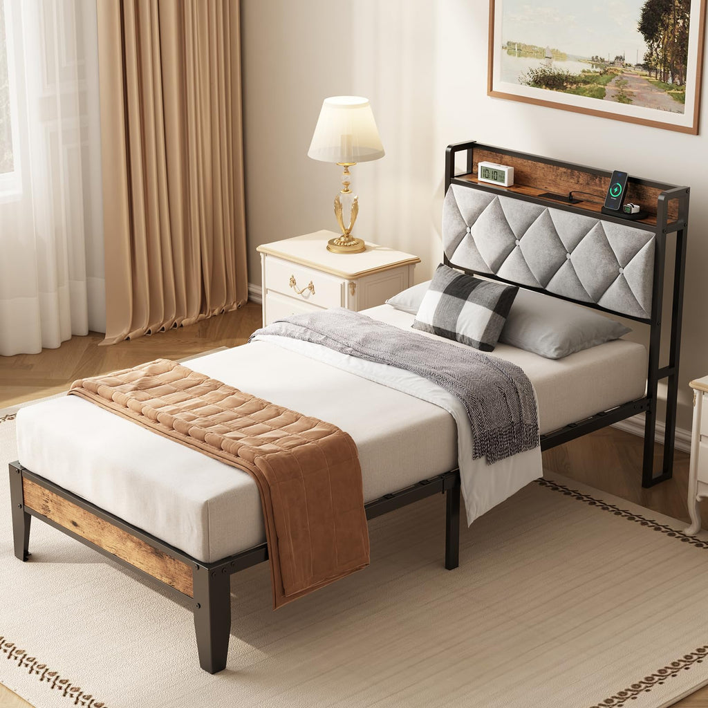 Twin Bed Frame with Upholstered Storage Headboard and USB Charging Station H582
