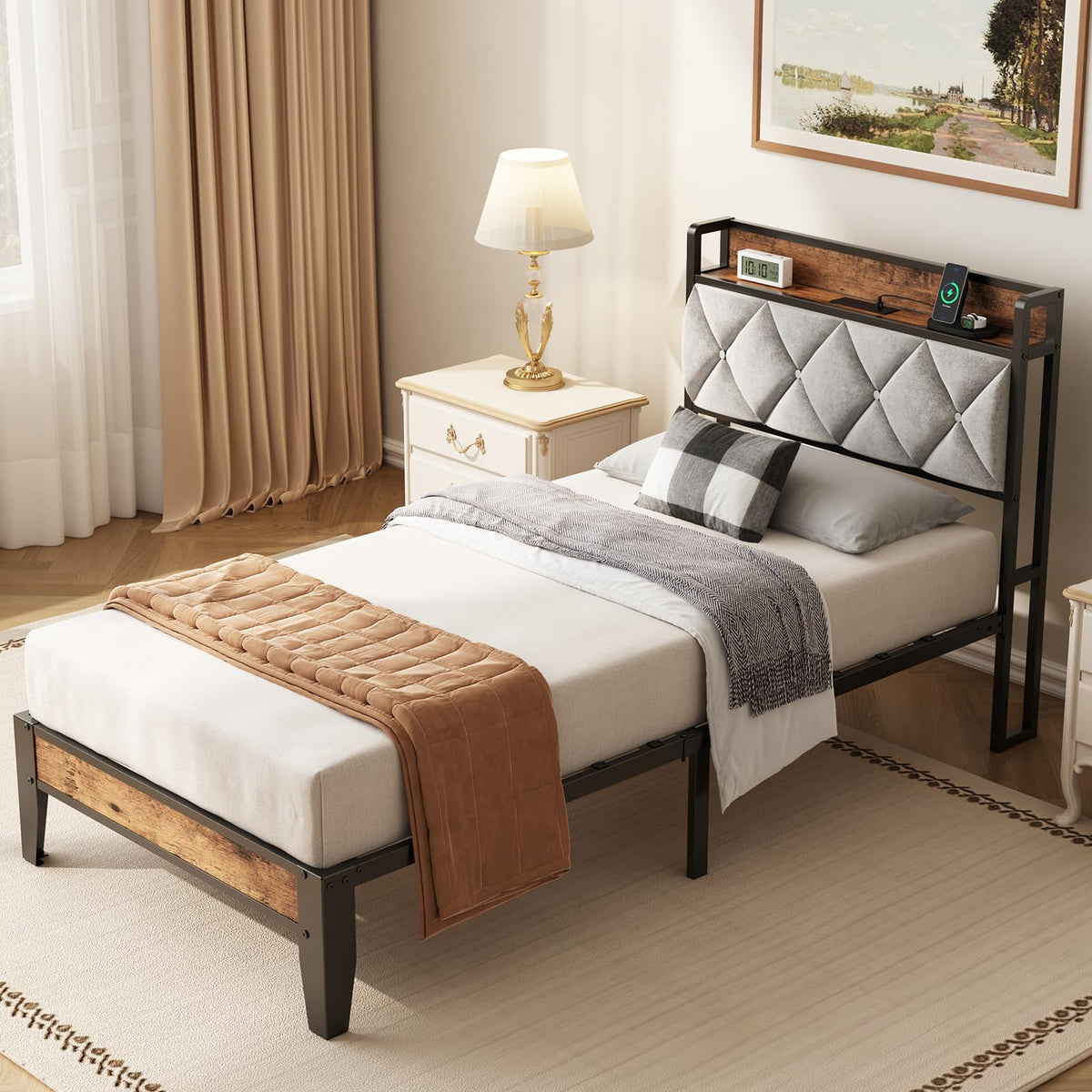 Twin Bed Frame with Upholstered Storage Headboard and USB Charging Station H582