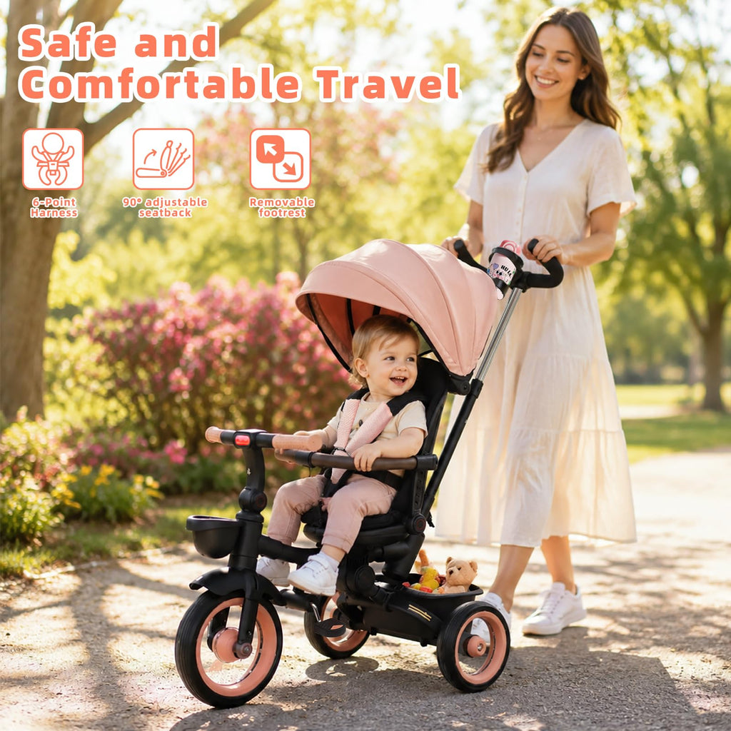 7-in-1 Tricycle Stroller with Push Handle, Rotating Seat, UV-Proof Canopy, Non-Pneumatic Wheels, Dual Brakes and Storage P2554