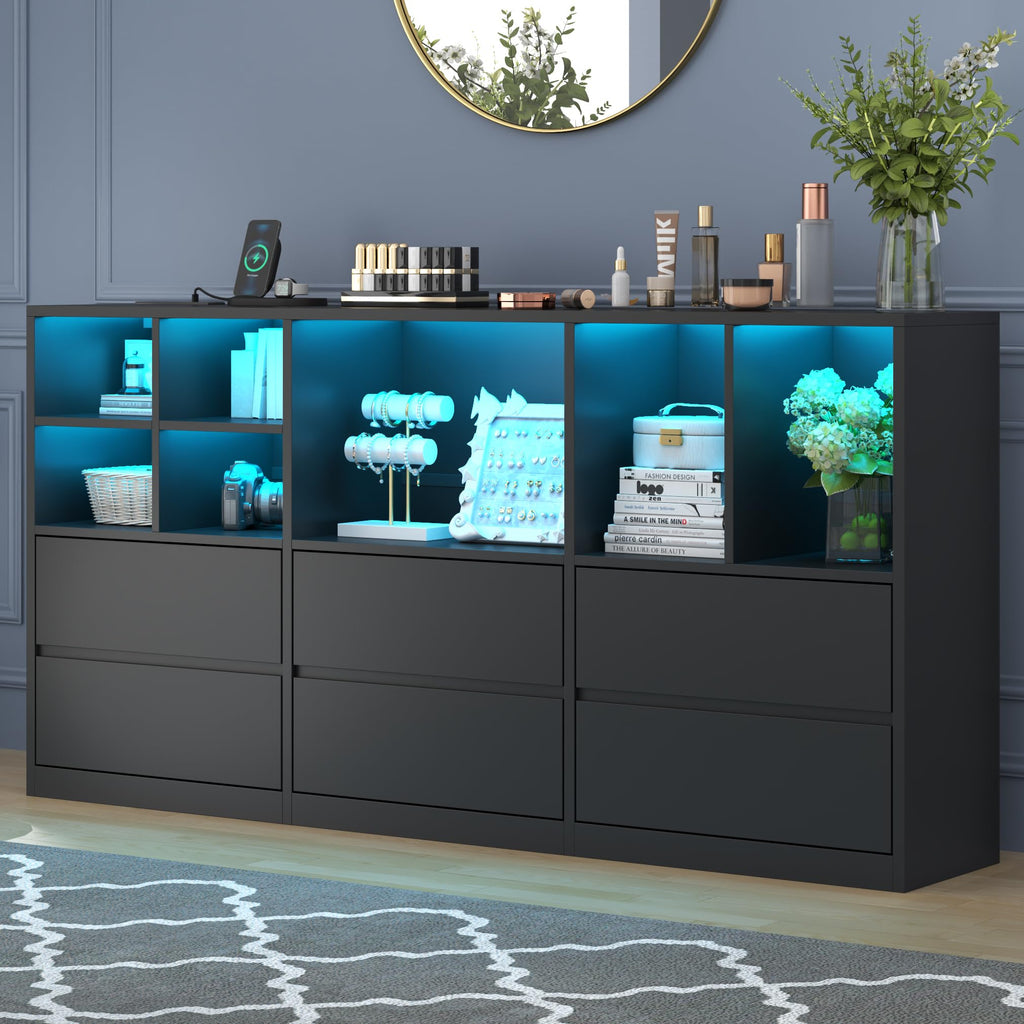 Black 6 Drawers Dresser with Cubbies O336416