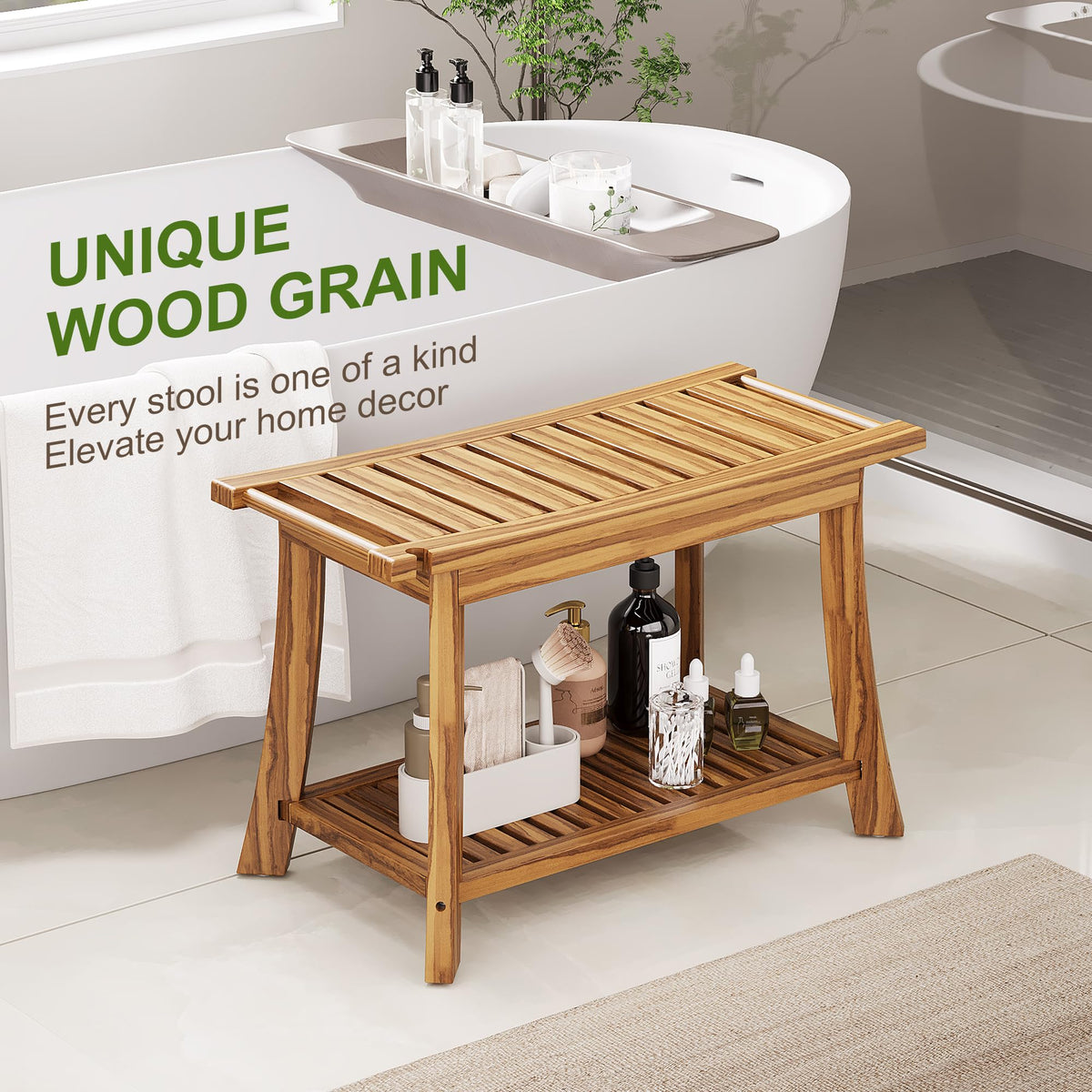 24" Teak Shower Bench with Handles & Towel Shelf T93386