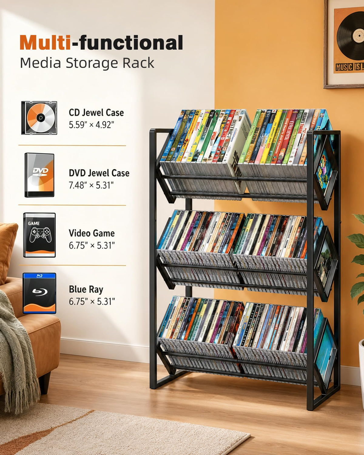 3-Tier CD Storage Metal Display Shelf with Adjustable Divider A3714