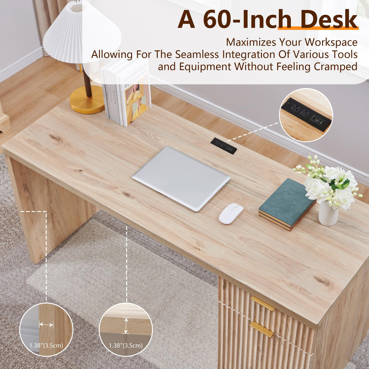 60" Fluted Desk with Cabinet and Built-in Outlet O7543