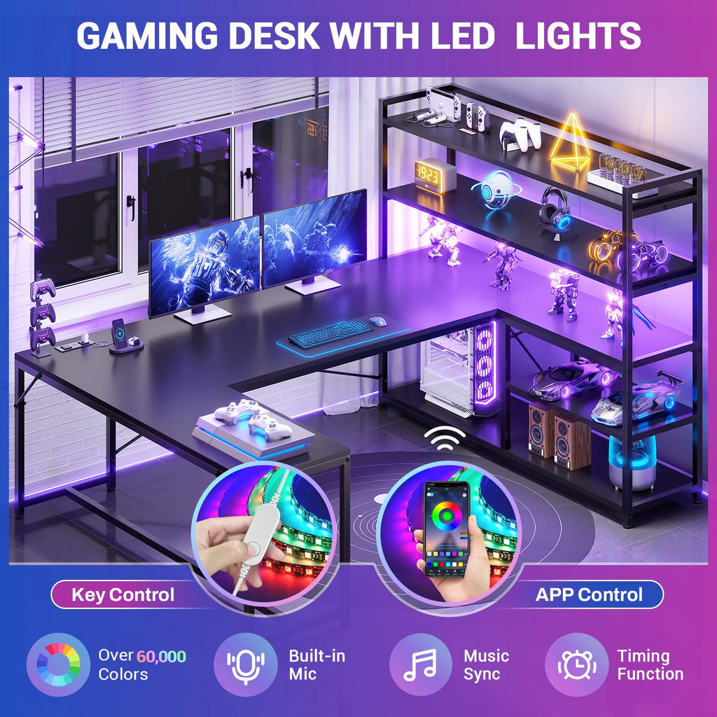 Black L Shaped Gaming Desk with Power Outlet and Storage Shelves M28248