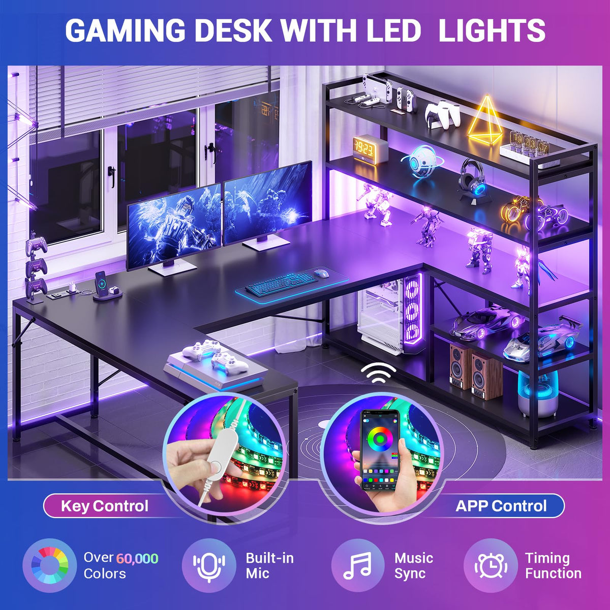 Black L Shaped Gaming Desk with Power Outlet and Storage Shelves M28248