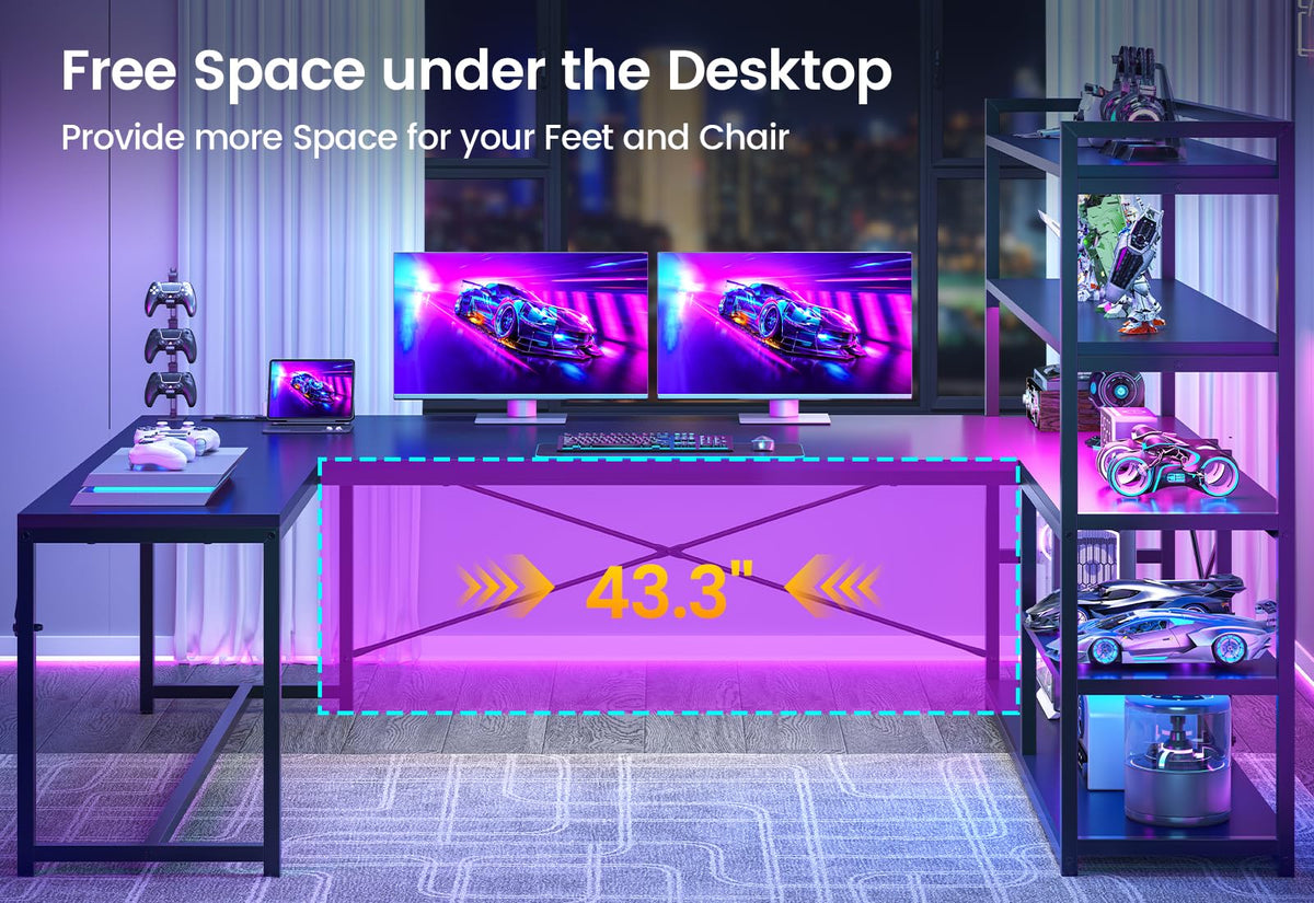 Black L Shaped Gaming Desk with Power Outlet and Storage Shelves M28248