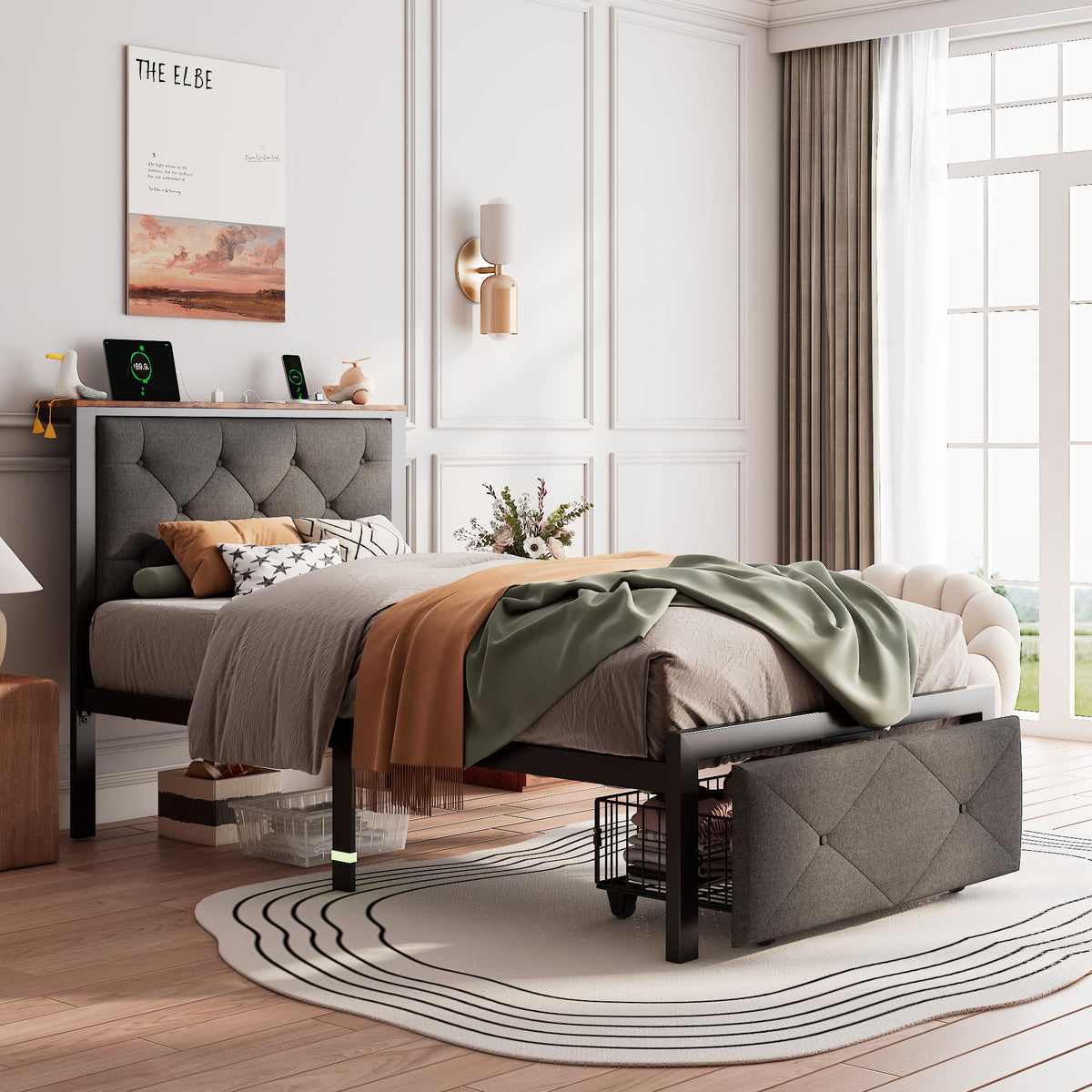 Twin Metal Platform Bed Frame with Storage Drawers and Headboard F579