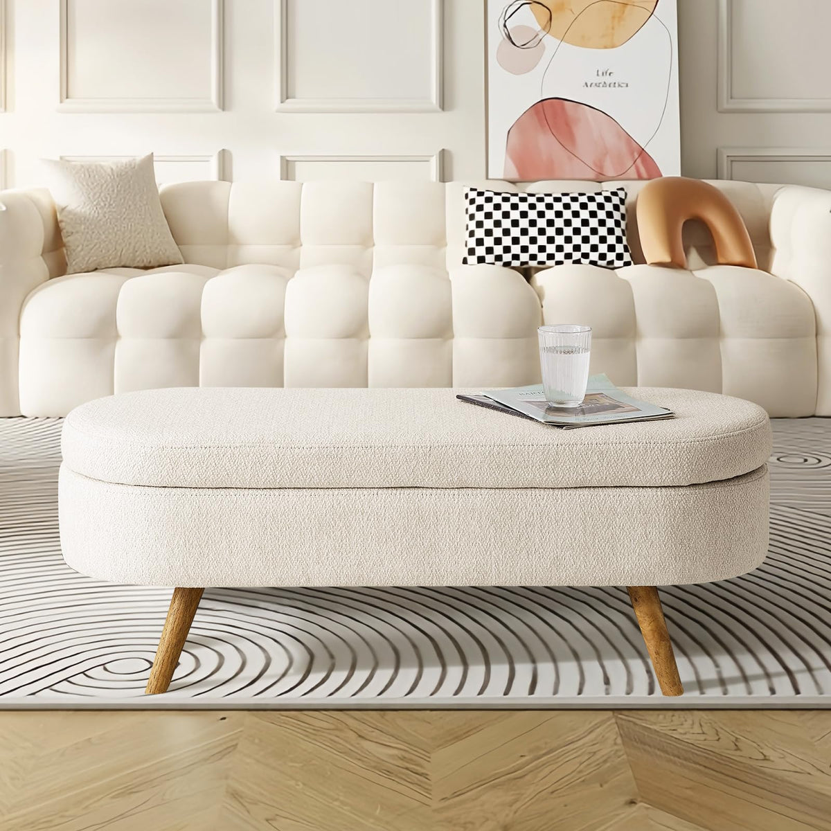 Beige Linen Upholstered Storage Ottoman Bench O582