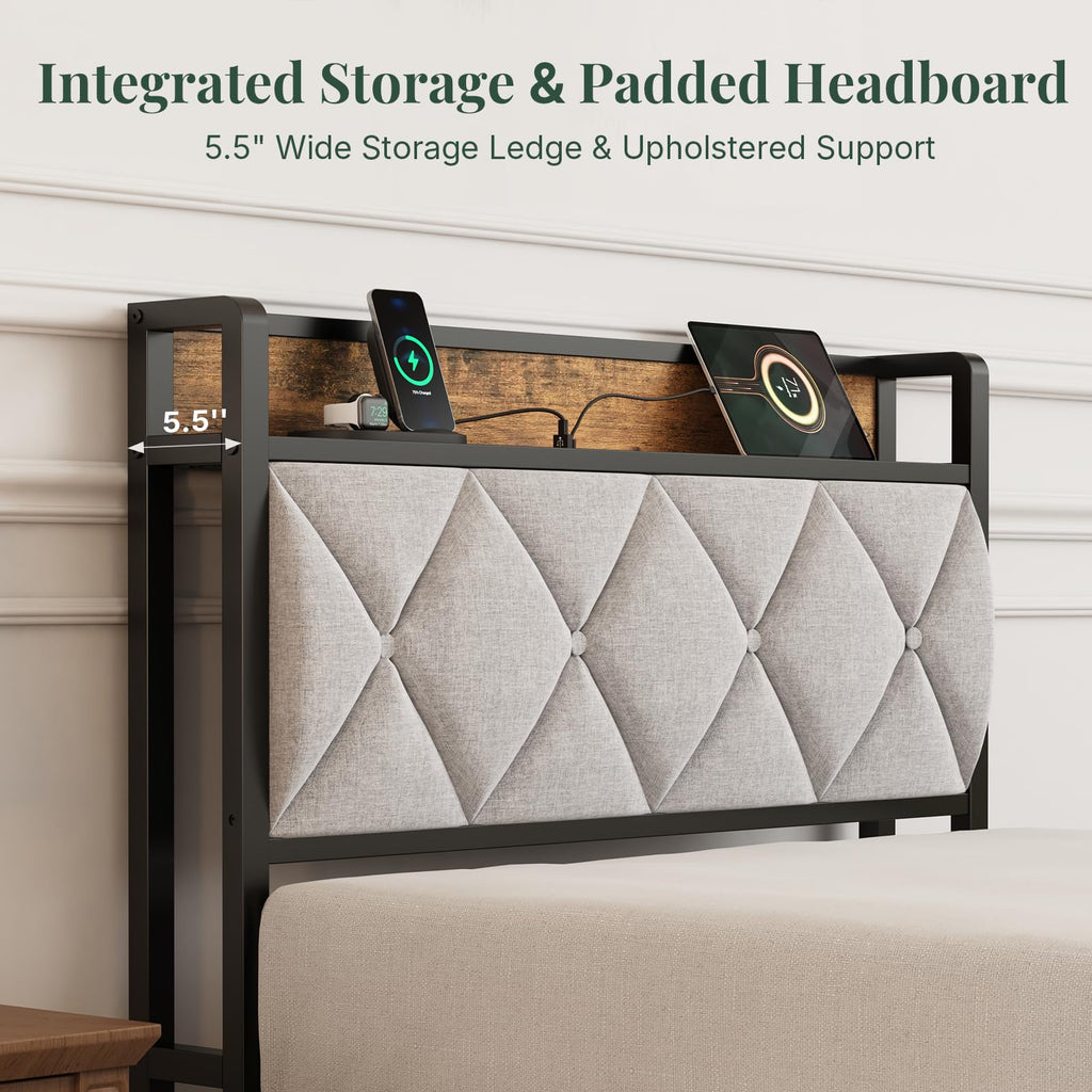 Twin Bed Frame with Upholstered Storage Headboard and USB Charging Station H582