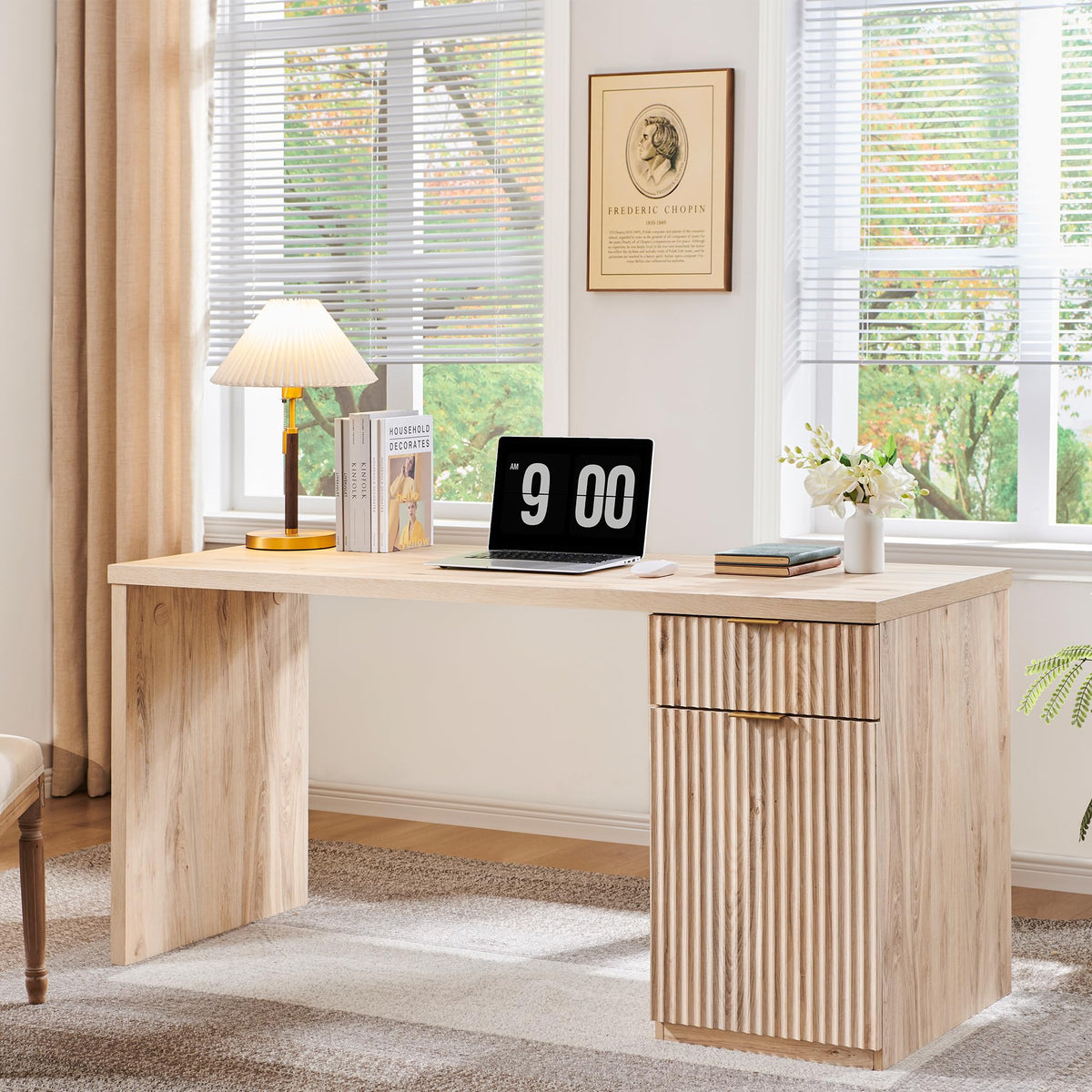 60" Fluted Desk with Cabinet and Built-in Outlet O7543