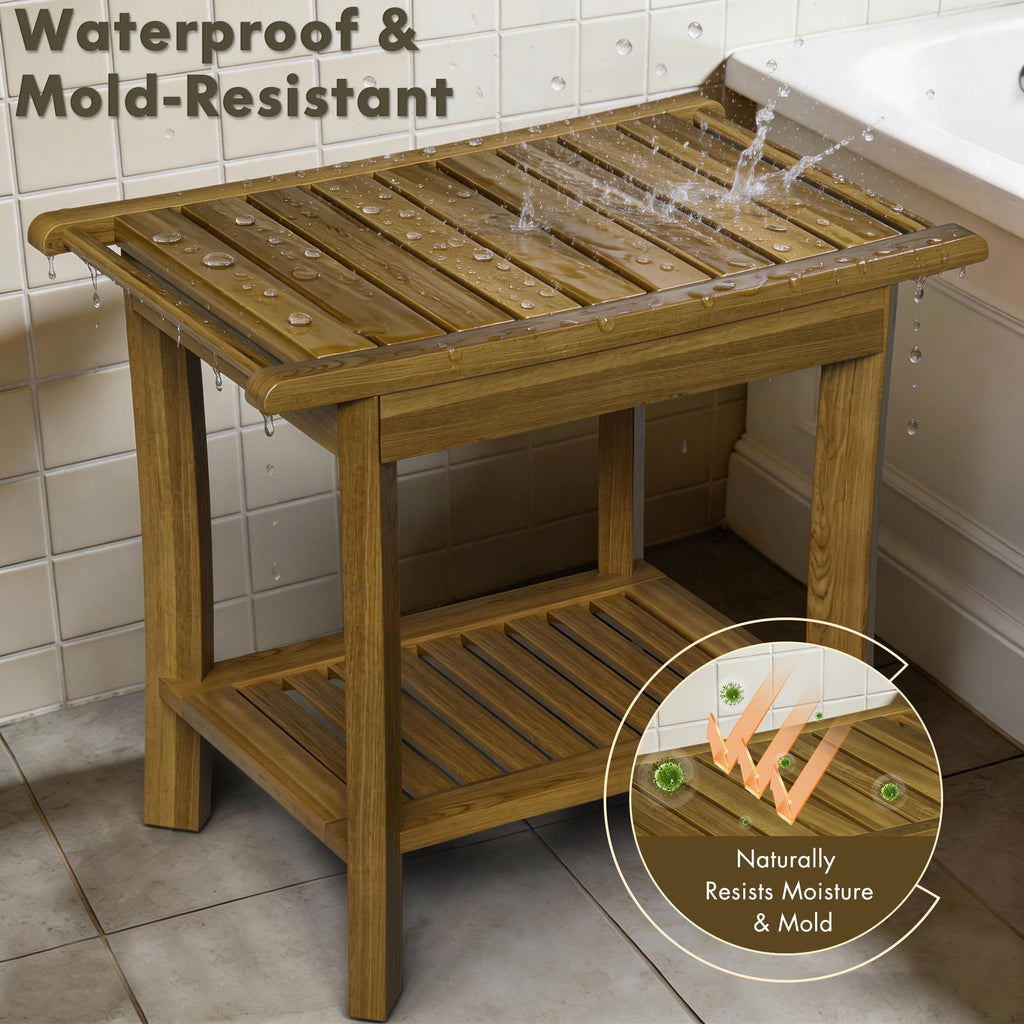 Teak Wood Shower Bench with Shelf & Arms P506064