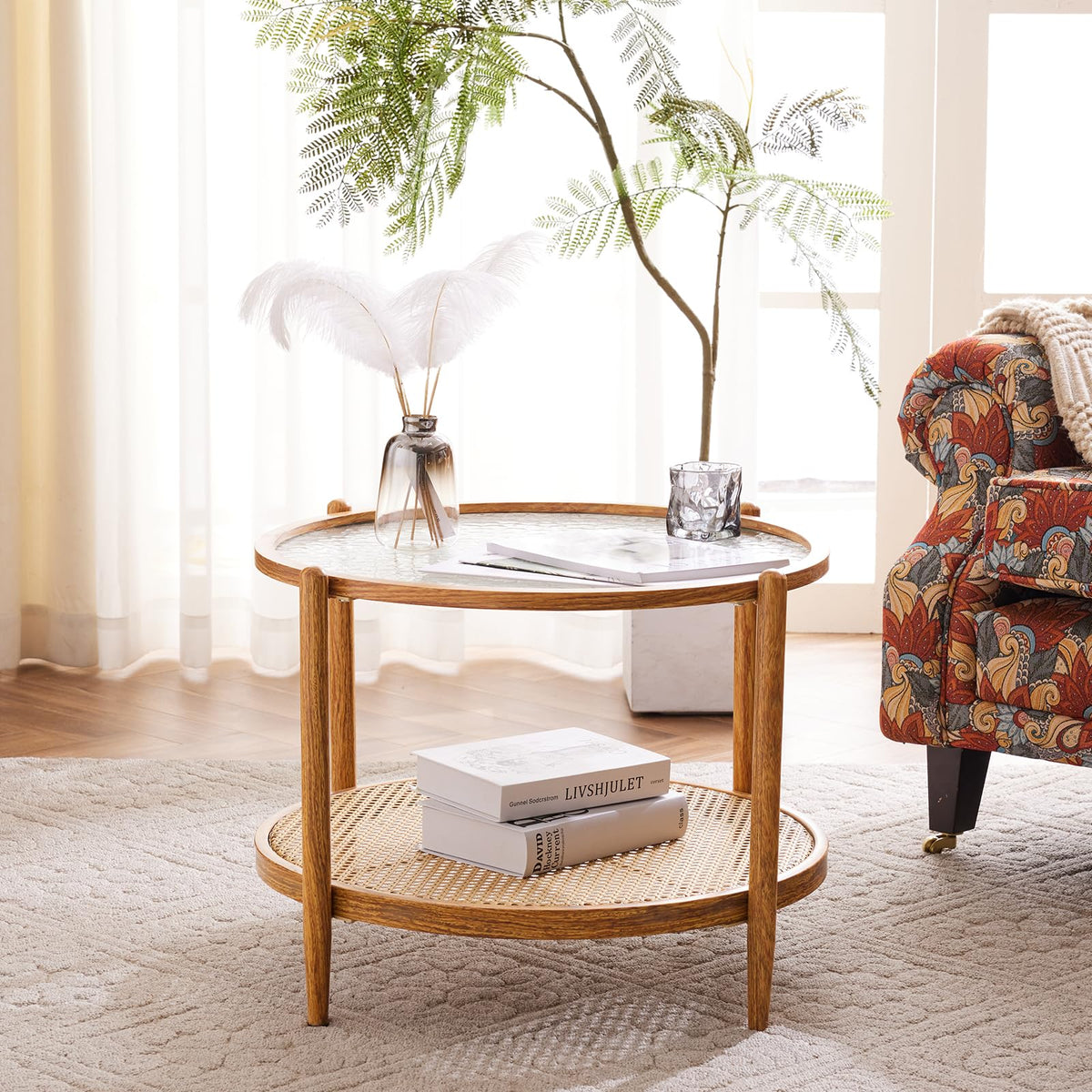 Round Glass Rattan Coffee Table D63279