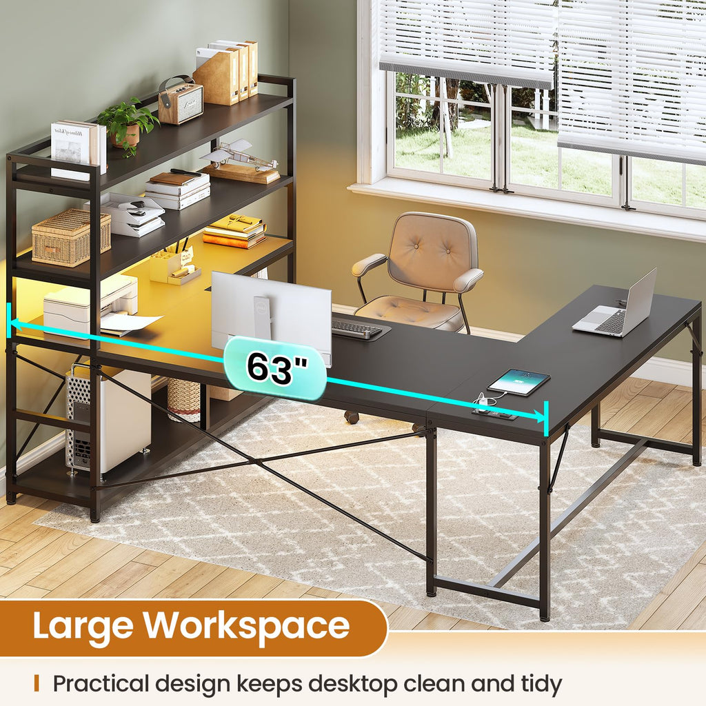 Black L Shaped Gaming Desk with Power Outlet and Storage Shelves M28248