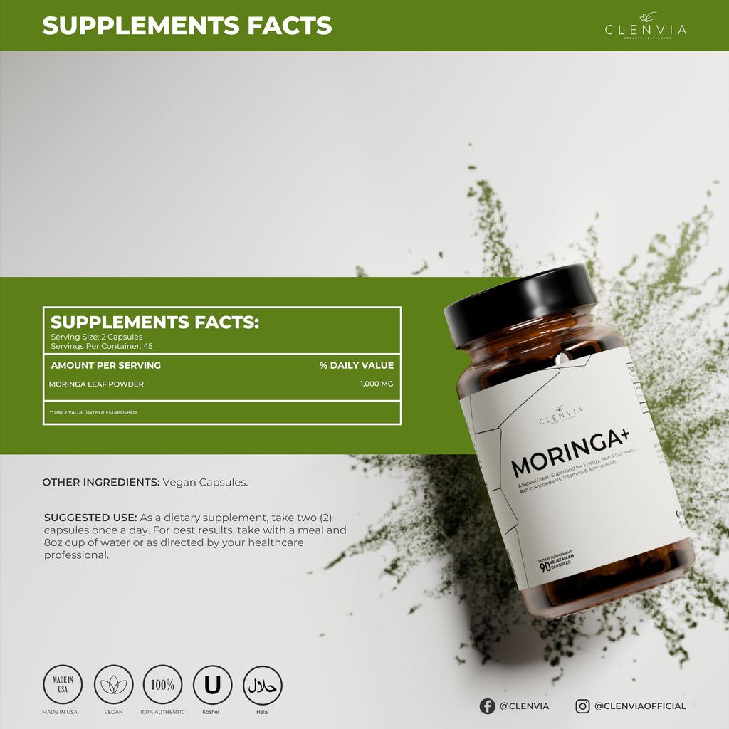 90 Capsules 1000mg Organic Moringa Leaf Powder Capsules Q313320