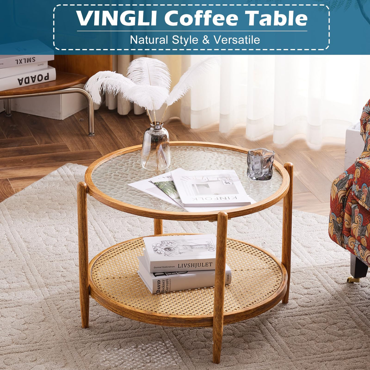 Round Glass Rattan Coffee Table D63279
