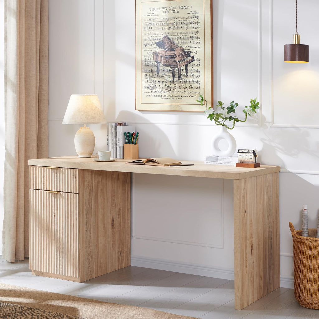 60" Fluted Desk with Cabinet and Built-in Outlet O7543