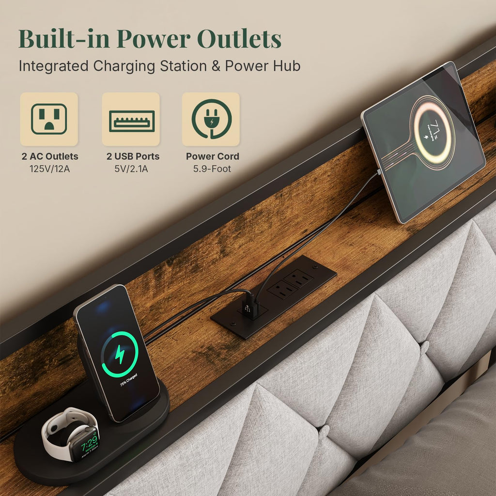 Twin Bed Frame with Upholstered Storage Headboard and USB Charging Station H582
