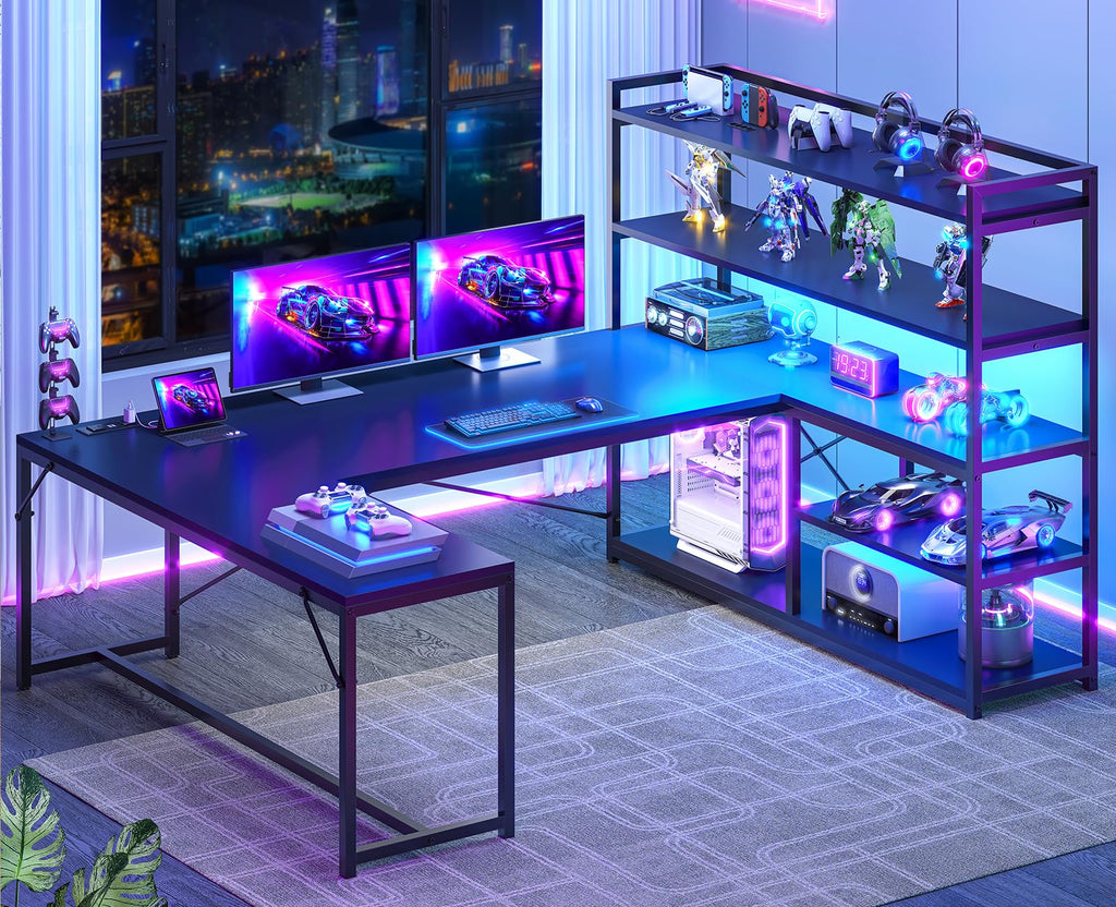 Black L Shaped Gaming Desk with Power Outlet and Storage Shelves M28248