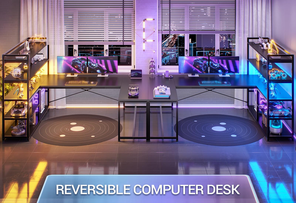 Black L Shaped Gaming Desk with Power Outlet and Storage Shelves M28248