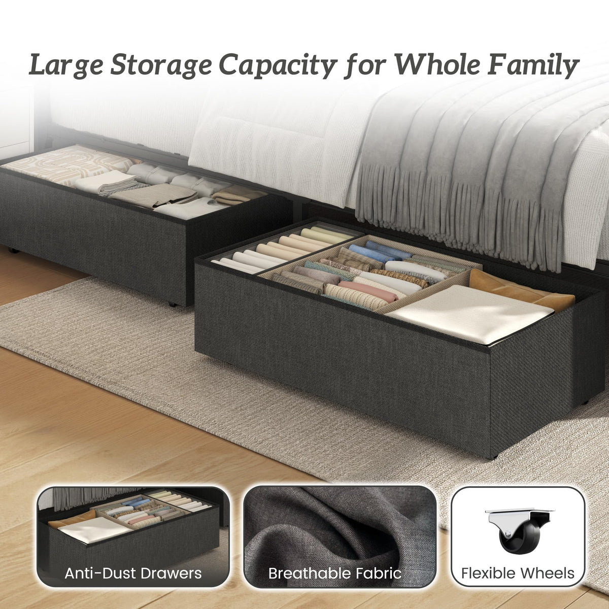 Queen Size Upholstered Bed Frame with 4 Drawers and Storage Headboard Q744101