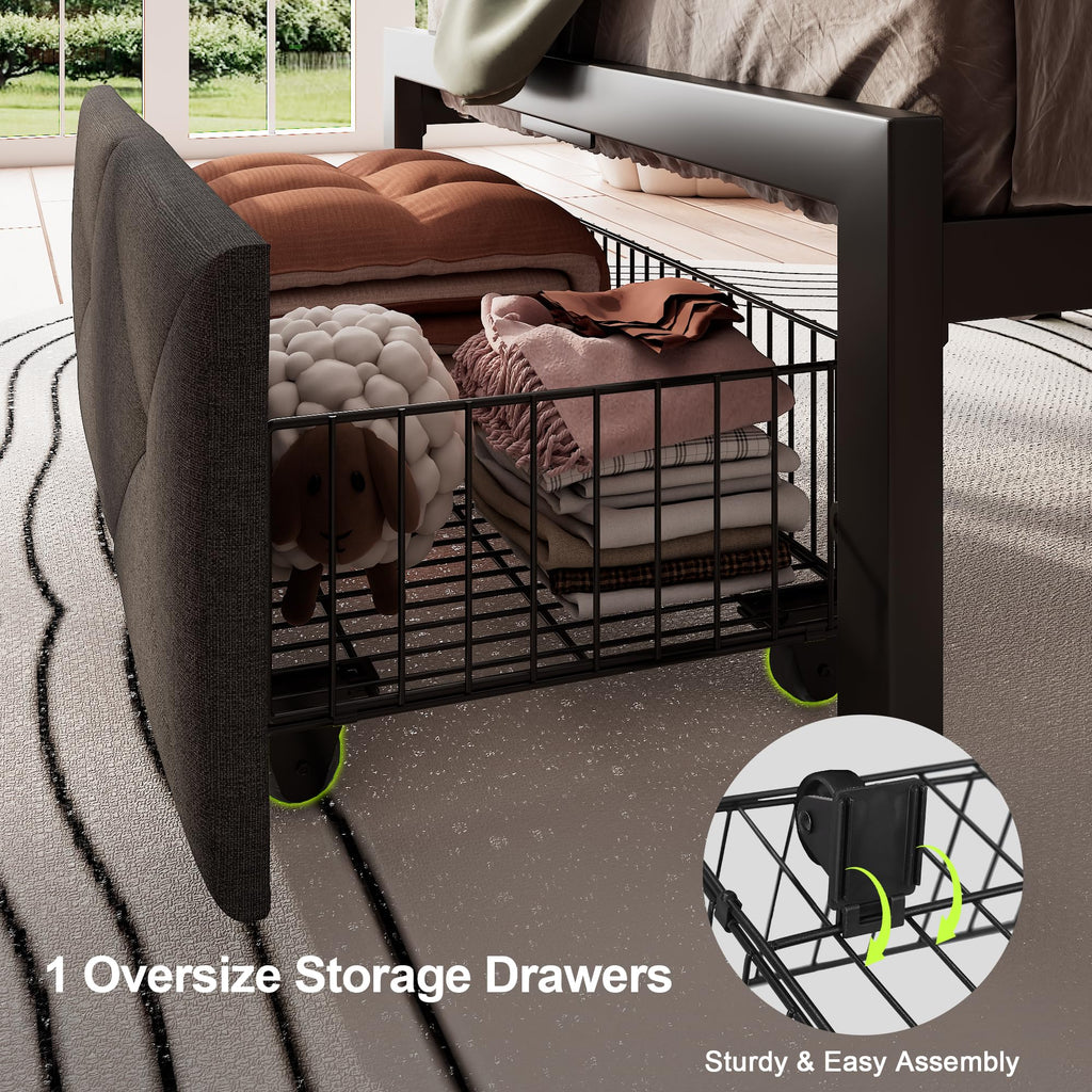 Twin Metal Platform Bed Frame with Storage Drawers and Headboard F579