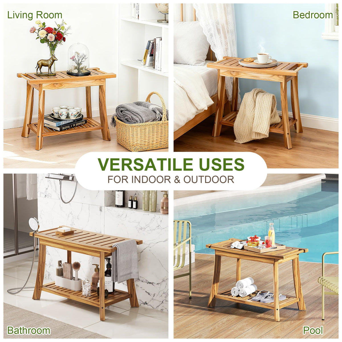 24" Teak Shower Bench with Handles & Towel Shelf T93386