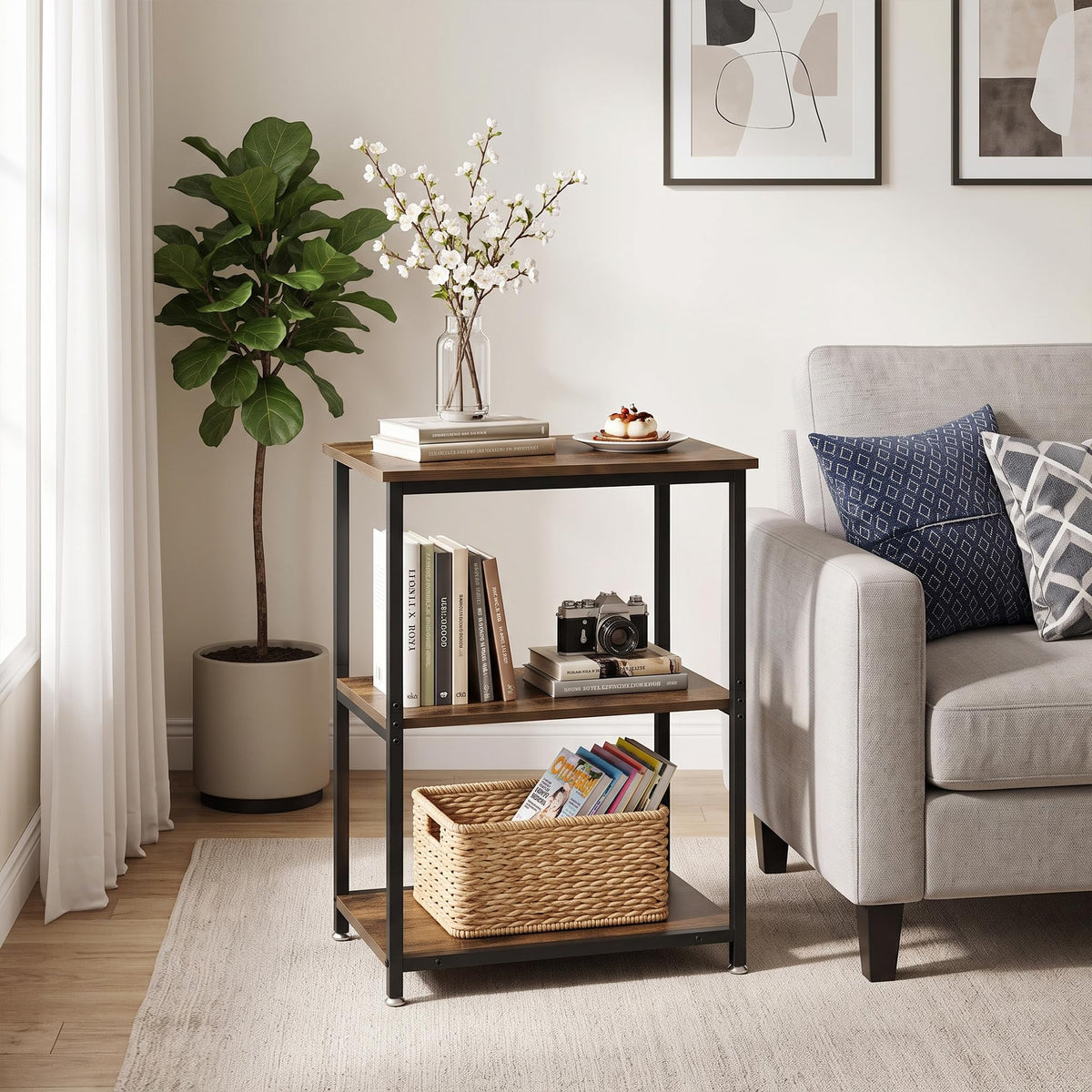 Tall End Side Table with 3-Tier Storage Shelf X5698